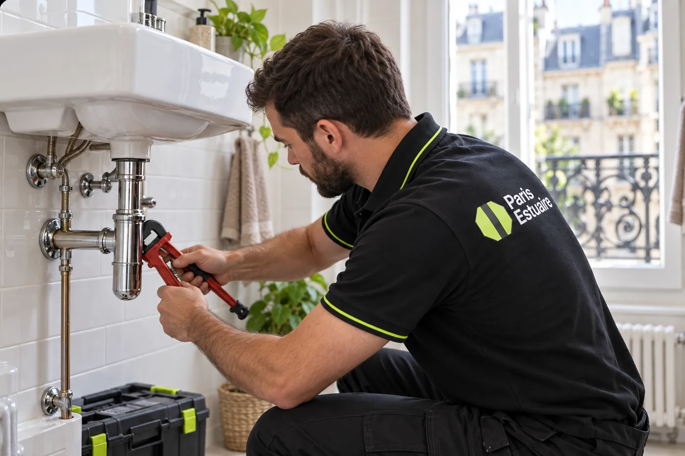 Plombier Paris Estuaire resserrant le siphon d'un lavabo dans une salle de bain du 12e arrondissement